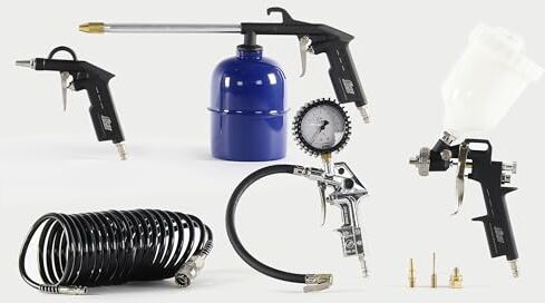 FIAC Kit Accessori per Compressore 8 Pezzi, Inclusi Gonfiagomme Professionale Omologato CEE con Manometro, Pistola di Soffiaggio, Aerografo, Pistola Lavaggio, Tubo 5m, 3 Punte, Max. 8 Bar, Nero