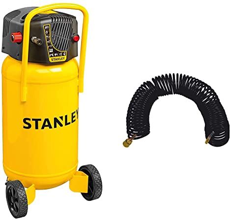 Stanley Compressore Verticale D230/10/50V 50Lt 2Hp & TUBO IN NYLON SPIRALATO DA 15 MT CON ATTACCHI A BAIONETTA PER COMPRESSORE