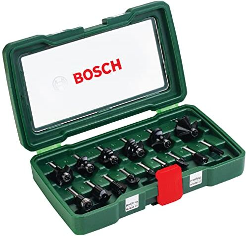 Bosch Set da 15 Pezzi di frese in metallo duro, per legno, codolo da 1/4 pollice, accessorio per fresatrice verticale