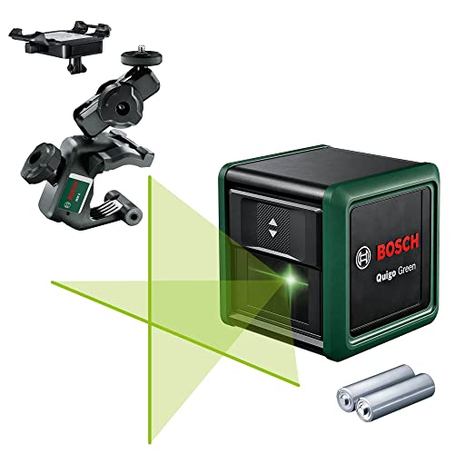Bosch livella laser a croce Quigo Green con morsetto snodabile MM 2 (laser verde per una migliore visibilità, involucro in plastica riciclata, in cartone)