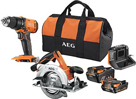 AEG JP18J2-X02B Kit Combinato a Batteria 18V Trapano Avvitatore a Percussione + Sega Circolare, Include 1 Batteria da 2.0Ah, 1 Batteria da 4.0Ah, e 1 Borsa