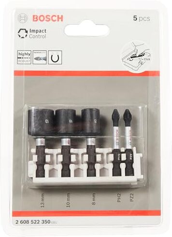 Bosch 5 pz. di Bit Avvitamento und Bussole Set (Impact Control, PZ/PH Bits, Lunghezza 50mm, Pick and Click, Accessorio Avvitatore a Impulsi)