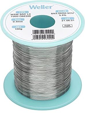 Weller WSW sac L0 () Filo Saldante, Ø 0.3mm, 500g, Lega Sn96.5Ag3.0Cu0.5, Contenuto di Fondente 3,5%, Silver