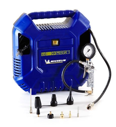 Michelin Compressore d'Aria Portatile MB1, Compressore Aria Oil-Free con Tubo Flessibile 1m, Pistola di Gonfiaggio con Manometro e 6 Ugelli, Pressione Massima 8 Bar, Potenza 1.5 CV