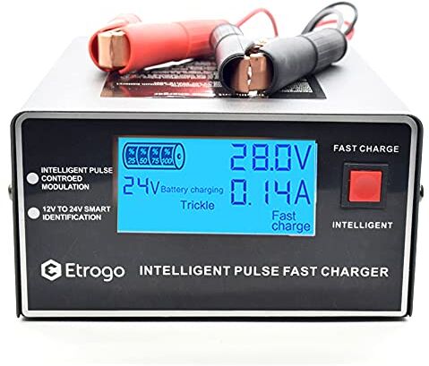 Etrogo Caricabatteria Auto 12V 24V 10A 250W Caricatore di Impulsi Intelligente con Funzione di Rilevamento Automatico Riparazione Manutenzione con Schermo LCD