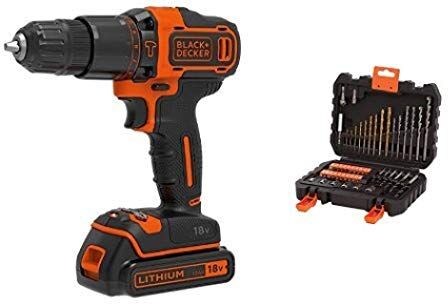 Black & Decker BDCHD18K-QW Trapano Avvitatore a Percussione, 18 V, al Litio, 1.5 Ah, in Valigetta, Nero/Arancione + A7188-XJ Set per Forare ed Avvitare, 50 Pezzi