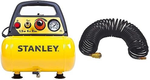 Stanley D 200 Compressore 6 Lt 1,5Hp, Pressione Max 8 Bar/116 Ps, Rumorosità 97 Db, ‎38 x 38 x 35 cm, 9 Kg & Tubo Spiralato 10 Metri Attacco Rapido