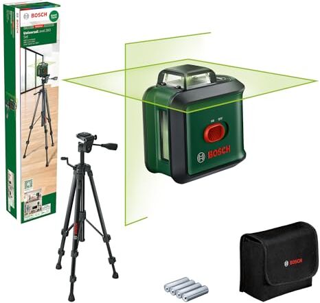 Bosch livella laser multifunzione UniversalLevel 360 con treppiede premium (linee laser verticali + orizzontali incl. 360° per allineamento dell'intera stanza, in cartone)