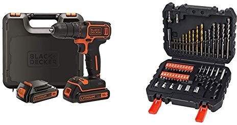 Black & Decker BDCDC18KB-QW Trapano Avvitatore, con Doppia Batteria al Litio, 18 V, 1.5 Ah, Valigetta, Arancione + A7188-XJ Set per Forare ed Avvitare, 50 Pezzi