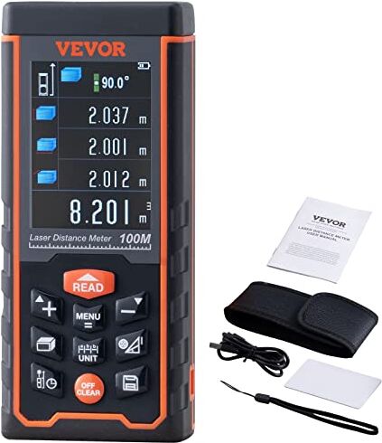 VEVOR Misuratore Laser di Distanza ,5 mm 00 m Schermo LCD 2,4 Pollici Memoria 00 Gruppi di Dati, Telemetro Laser Precisione ,5mm Misurazione di Distanze Aree Volumi Angoli Spegnimento Automatico