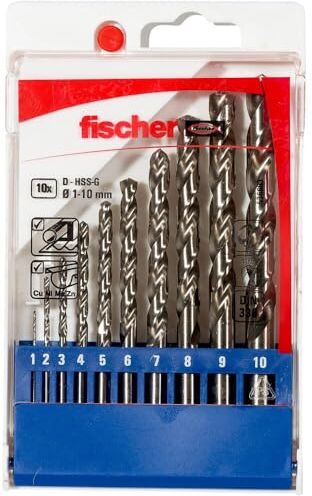 Fischer Set 10 Punte Trapano per Metallo, Professionali in Acciaio HSS-G, Diametro 1-2-3-4-5-6-7-8-9-10 mm, Attacco Cilindrico, per Acciaio, Lamiera, Ferro, Ghisa, Alluminio,