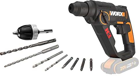 WORX Martello Pneumatico SDS PLUS, Trapano, Avvitatore a Batteria 20V, 1.2 Joule di Potenza, Velocità d'Impatto 5.000 bpm, 900 giri/min, Luce Led da Lavoro, 1 Pezzo Solo Corpo Macchina