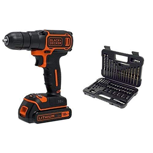 Black & Decker BDCDC18K-QW Trapano Avvitatore, 18 V, al Litio, 1.5 Ah, Valigetta, Arancione + A7188-XJ Set per Forare ed Avvitare, 50 Pezzi