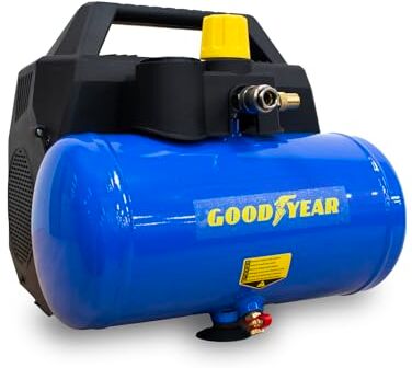 Goodyear Compressore da 6 litri senza olio. 210 litri/minuto Capacità di aspirazione. 6 litri di portata aspirata. 3600 giri/min. 8 bar. Valvola di sicurezza CE. Ideale per uso domestico fai da te