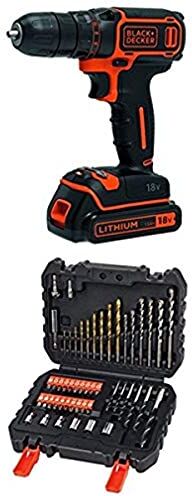 Black & Decker BDCDC18-QW Trapano/Avvitatore, 18 V, al Litio, 1.5 Ah + A7188-XJ Set per Forare ed Avvitare, 50 Pezzi