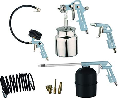 ABAC Kit Accessori per Compressore 8 Pezzi G-810AL-BL, Inclusi Gonfiagomme con Manometro, Pistola di Soffiaggio, Pistola a Spruzzo per Vernice 850ml, Pistola di Lavaggio 900ml, Tubo a Spirale 5 m