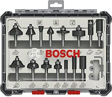 Bosch Set da 15 pezzi Set di frese (per legno, per frese verticali con gambo da 1/4