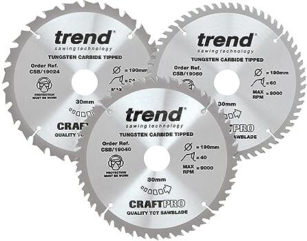 TREND Confezione tripla CraftPro di lame circolari TCT, 190 mm x 24, 40 e 60 denti x 30 mm di foro, con punta in carburo di tungsteno, , Confezione da 3