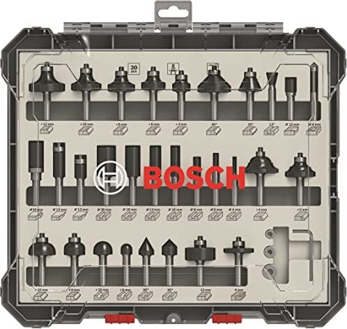 Bosch Set Frese da 30 pz. Miste (per Legno, Accessorio Fresatrici Verticali con Codolo di 8 mm)