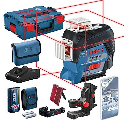 Bosch 12V System Livella Laser  (1Livella batteria 12V, laserLaser rosso, da interno, con app, raggio d’azione: fino a 30 m, Ricevitore LR 7, Supporto universale BM 1, L-BOXX)