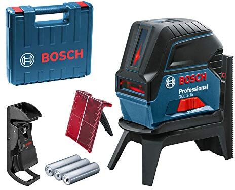 Bosch Livella Laser Rosso Multifunzione Punti a Piombo, In Valigia, Supporto Ruotabile RM1, Pannello di Mira, Blu, Raggio d’Azione 15 m, 3 Pile AA, 4.5 V