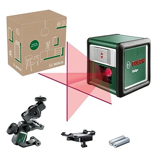 Bosch livella laser a croce Quigo con morsetto snodabile MM 2 (allineamento facile e preciso con posizionamento versatile, in scatola di cartone E-Commerce)