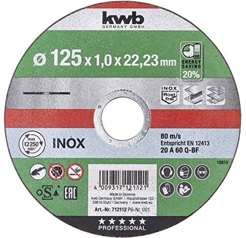 kwb AKKU-TOP disco da taglio extra sottile 125 mm Speed, 125 x 1,0 per smerigliatrice angolare, disco flessibile adatto per acciaio inossidabile + metallo, foro 22,23 mm, 125x1,0