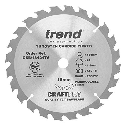 TREND CraftPro  Lama per sega a taglio sottile senza fili TCT per legno, diametro 184 mm, foro 16 mm, 24 denti, taglio 1,8 mm, gancio +15°,