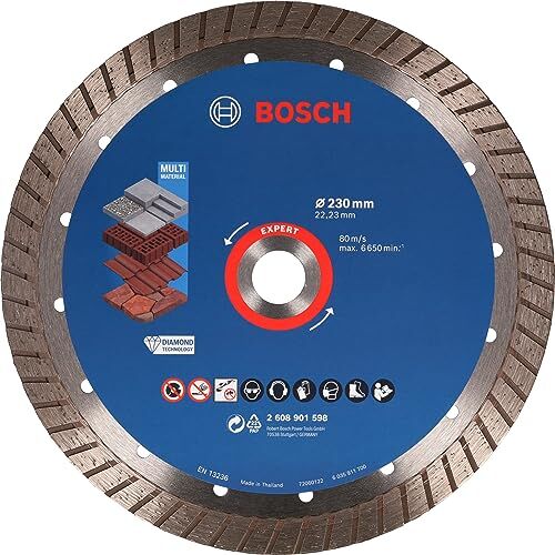 Bosch 1x Disco Diamantato EXPERT MultiMaterial Turbo (Calcestruzzo, Mattone, Tegole, Pietra morbida, Ø 230 x 22,23 mm, Accessori Smerigliatrice Angolare)