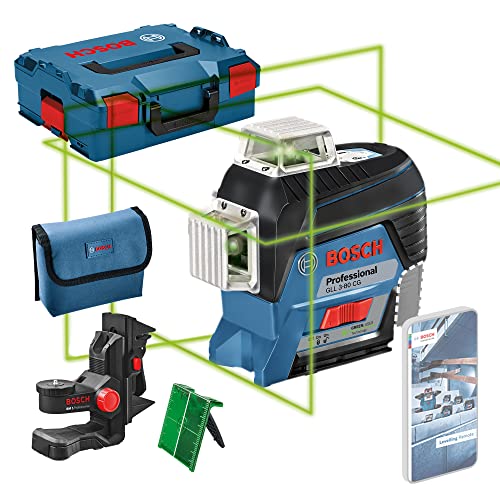 Bosch 12V System Livella Laser GLL 3-80 C (senza batteria e caricabatteria, laser verde, da interno, con app, raggio d’azione: fino a 30 m, Supporto universale BM 1, L-BOXX)