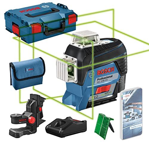 Bosch 12V System Livella Laser GLL 3-80 CG (1 batteria 12V + Caricabatteria, laser verde, da interno, con app, raggio d’azione: fino a 30 m, Supporto universale BM 1, L-BOXX)