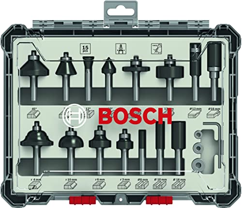 Bosch Set Frese da 15 pz. Miste, per Legno, Accessorio Fresatrici Verticali con Codolo di 8 mm