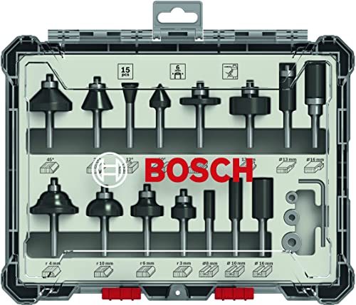 Bosch Set Frese da 15 pz. Miste (per Legno, Accessorio Fresatrici Verticali con Codolo di 6 mm)