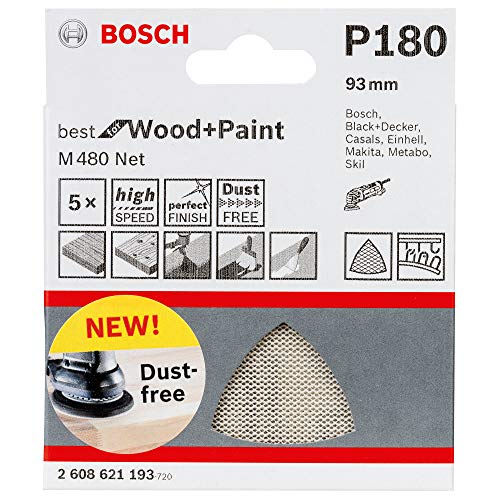Bosch Triangolo Abrasivo M480 Best for Wood and Paint, Legno e Tinta, Dimensioni Grana P180, Accessorio per Levigatrice a Delta, 5 Pezzi, Set di 5