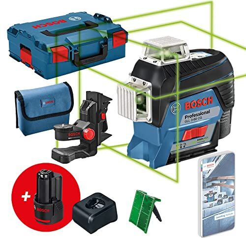 Bosch Livella Laser 12V System GLL 3-80 CG 2 Batterie 12V, Caricabattere, Laser Verde, Funzione con App, Supporto, Raggio d'Azione: Fino a 30 m, in L-BOXX, Amazon Exclusive Set