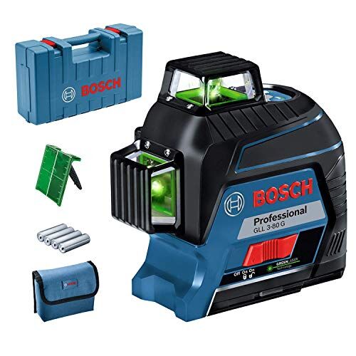 Bosch Livella Laser GLL 3-80 G (Laser Verde, da Interno, Raggio d’azione: fino a 30 m, 4 Pile AA, Valigetta)