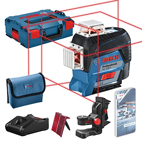 Bosch GLL 3-80 C Livella System, 1 Batteria 12V, Laser Rosso, con App, Raggio d’Azione: Fino a 30 m, Supporto Universale BM 1, L-BOXX, 12 V, Set di 3 Pezzi