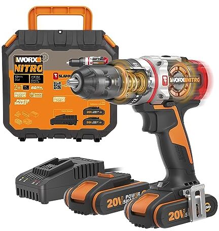 WORX Trapano avvitatore tassellatore brushless Slammer 60nm-20V con 2 batterie da 2.0Ah