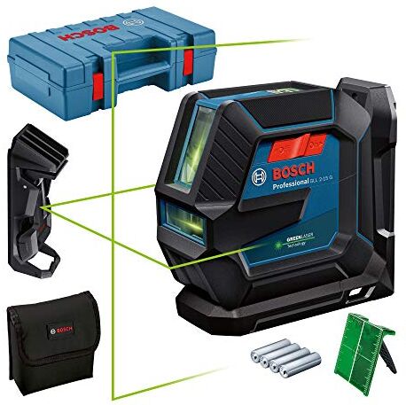 Bosch Livella Laser GLL 2-15 G (laser verde, supporto LB 10, morsetto per soffitto, raggio d'azione visibile: fino a 15 m, 4x batterie AA, valigetta)