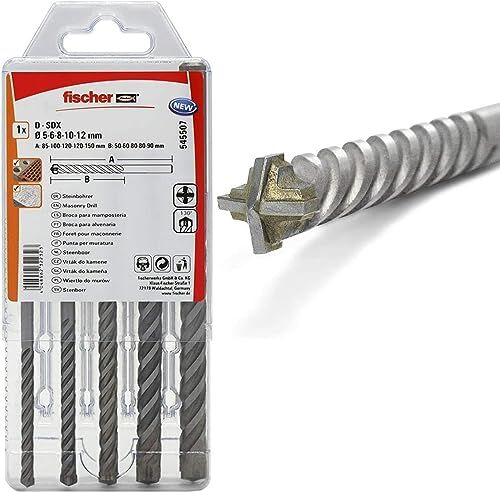 Fischer Kit 5 Punte Trapano D-SDX Quattro Taglienti, 5-6-8-10-12 mm, per Fori Definiti e Circolari su Muro e Pietra, Placca in Carburo di Tungsteno, attacco Cilindrico