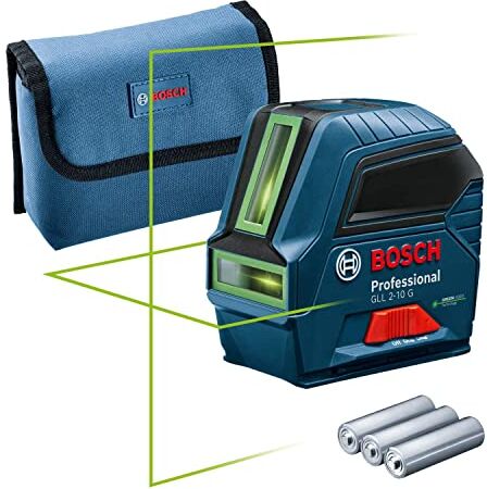 Bosch Livella Laser GLL 2-10 G Laser Verde, Raggio d'Azione: Fino a 10 m, 3 Batterie AA, Sacchetto, Amazon Exclusive Set