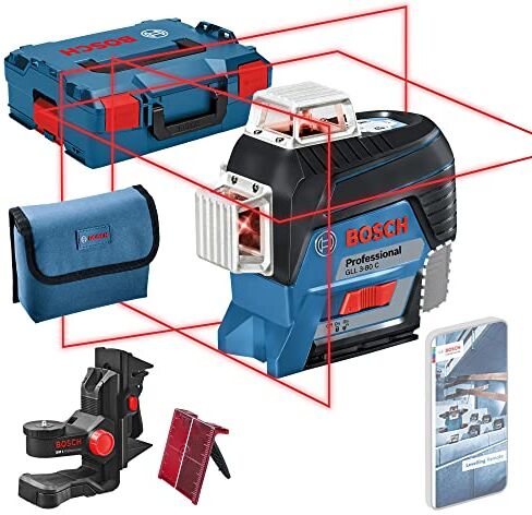 Bosch 12V System Livella Laser GLL 3-80 C (senza batteria e caricabatteria, laser rosso, da interno, con app, raggio d’azione: fino a 30 m, Supporto universale BM 1, L-BOXX)