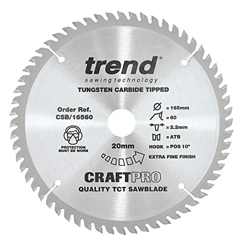 TREND Lama per sega CraftPro TCT, diametro 165 mm x 20 mm alesaggio x 60 denti, punta in carburo di tungsteno,