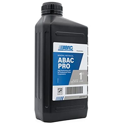 ABAC PRO Olio Lubrificante per Compressore d'Aria a Pistoni, Olio Minerale per Compressori, Fino a 250 Ore di Utilizzo, Grado di Viscosità ISO VG 100, Bottiglia da 1 L ABAC PRO Olio Lubrificante per Compressore d'Aria a Pistoni, Olio Minerale per Compressori, Fino a 250 Ore di Utilizzo, Grado di Viscosità ISO VG 100, Bottiglia da 1 L