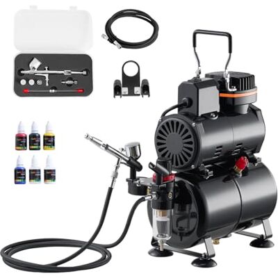 VEVOR Set Aerografo 1/6 HP Compressore d'Aria e Serbatoio, 1 Spruzzatore Aerografo Doppia Azione con 3 Ugelli (0,2/0,3/0,5 mm) Flusso d'Aria 23-25 L/min, Decorazione di Torte, Pittura di Modelli VEVOR Set Aerografo 1/6 HP Compressore d'Aria e Serbatoio, 1 Spruzzatore Aerografo Doppia Azione con 3 Ugelli (0,2/0,3/0,5 mm) Flusso d'Aria 23-25 L/min, Decorazione di Torte, Pittura di Modelli