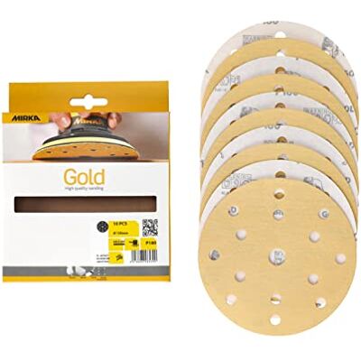 Carta abrasiva universale MIRKA Ø 150 mm - Carta vetrata per uso secco, 15 fori, granulometria P180, 10 pezzi Carta abrasiva universale MIRKA Ø 150 mm - Carta vetrata per uso secco, 15 fori, granulometria P180, 10 pezzi