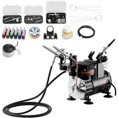 VEVOR Set Aerografo 1/6 HP con Compressore d'Aria, 3 Spruzzatori Aerografo a Doppia Azione con 3 Ugelli (0,3/0,3/0,35 mm) Flusso d'Aria 20-23 L/min, per Decorazione di Torte, Pittura di Modelli VEVOR Set Aerografo 1/6 HP con Compressore d'Aria, 3 Spruzzatori Aerografo a Doppia Azione con 3 Ugelli (0,3/0,3/0,35 mm) Flusso d'Aria 20-23 L/min, per Decorazione di Torte, Pittura di Modelli