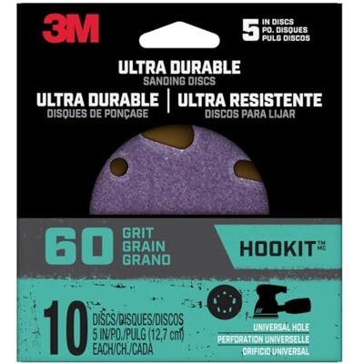 3M Dischi abrasivi ultra resistenti da 5 pollici, foro universale, grana 60, confezione da 10 3M Dischi abrasivi ultra resistenti da 5 pollici, foro universale, grana 60, confezione da 10