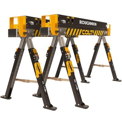 Roughneck ® COLT 600E Sawhorse, Heavy Duty Steel Construction, Weight-Baring Capacity 589kg each, 1178kg Per Pair with Height Adjustable Legs for Woodworking & Construction – 2 Pack Roughneck ® COLT 600E Sawhorse, Heavy Duty Steel Construction, Weight-Baring Capacity 589kg each, 1178kg Per Pair with Height Adjustable Legs for Woodworking & Construction – 2 Pack