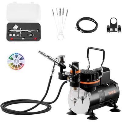 VEVOR Set Aerografo 1/6 HP con Compressore d'Aria, 1 Spruzzatore Aerografo a Doppia Azione con 3 Ugelli (0,2/0,3/0,5 mm) Set di Pulizia, per Decorazione di Torte, Pittura di Modelli VEVOR Set Aerografo 1/6 HP con Compressore d'Aria, 1 Spruzzatore Aerografo a Doppia Azione con 3 Ugelli (0,2/0,3/0,5 mm) Set di Pulizia, per Decorazione di Torte, Pittura di Modelli